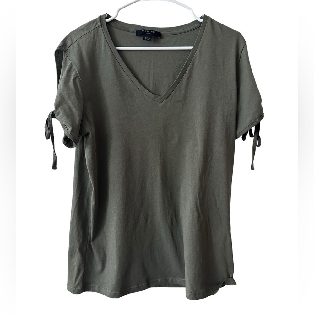 AllSaints olive green V neck tie sleeve shirt